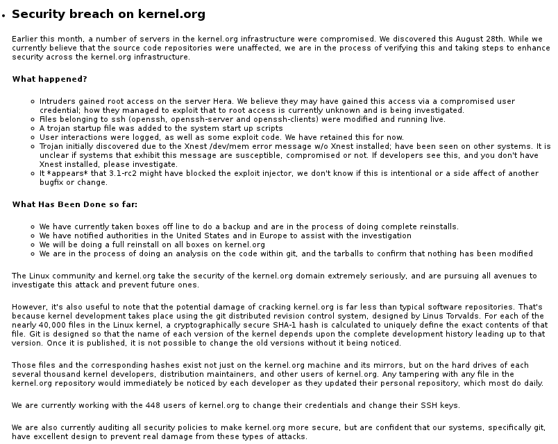 Kernel.org volta ao ar, mas ainda em processo de restauração