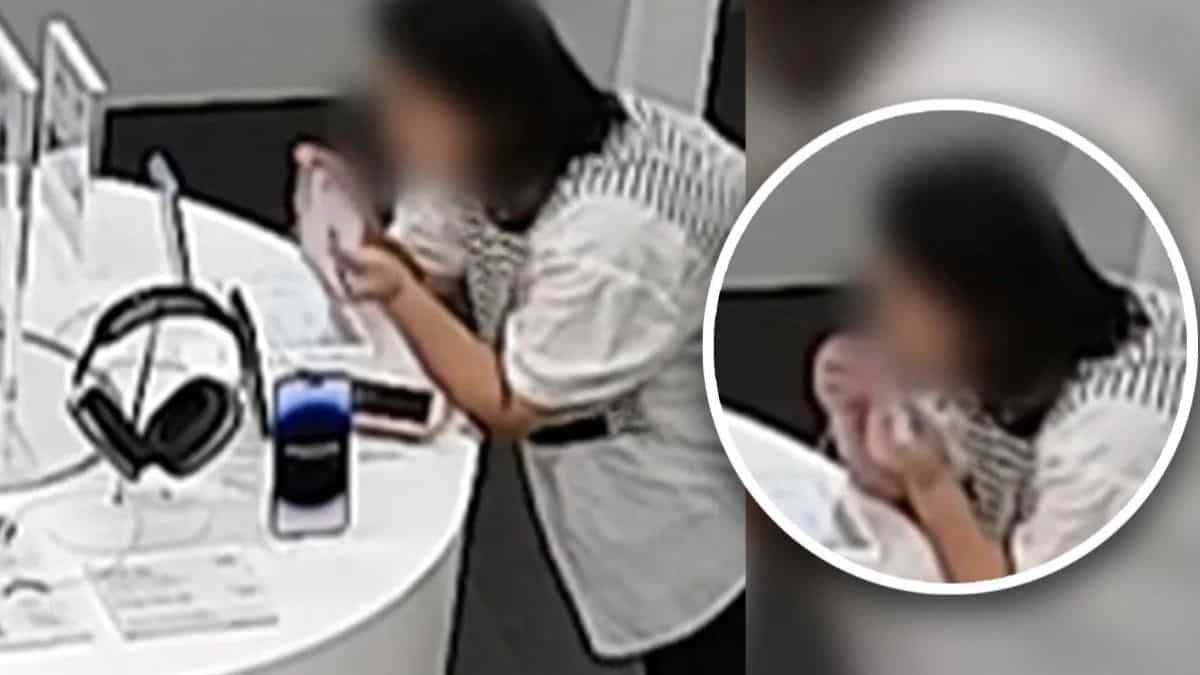 Mulher rouba iPhone 14 Plus em loja roendo cabo que prende o celular ao balcão