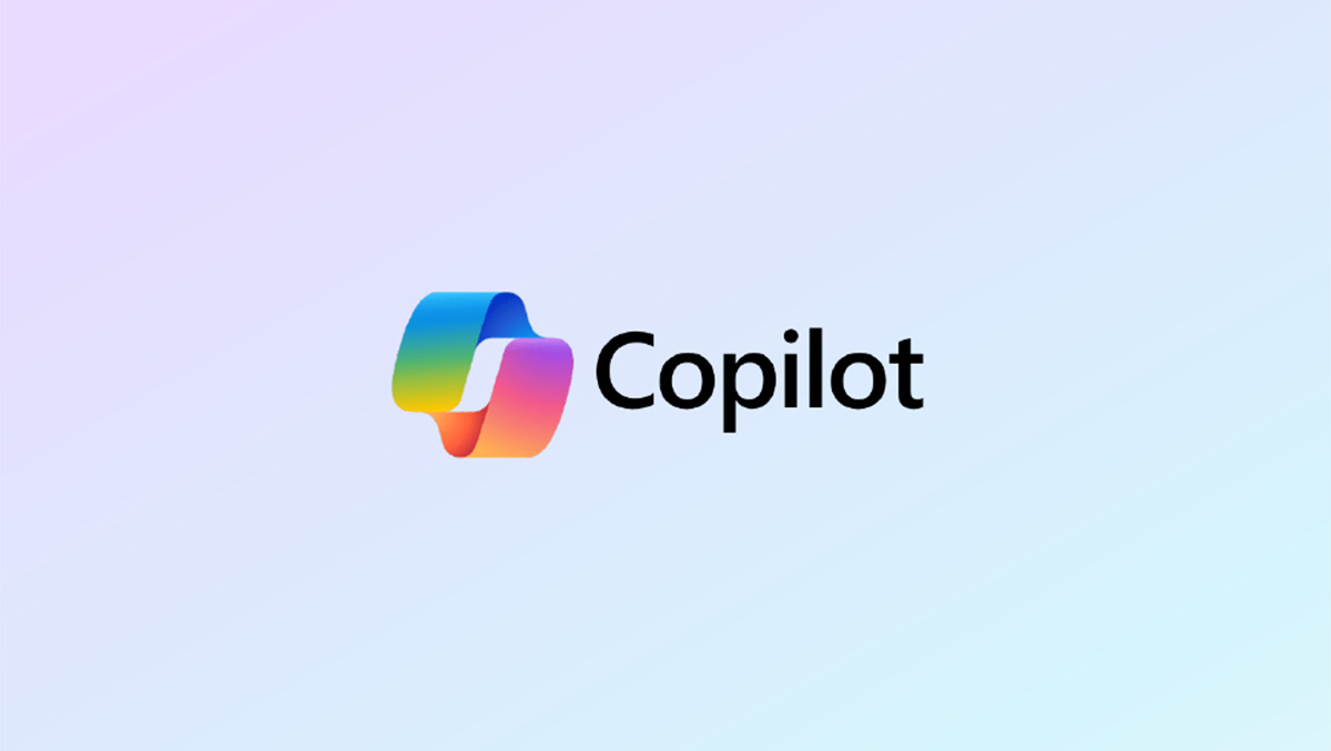 Logo do Microsoft Copilot, símbolo colorido em gradiente e o nome "Copilot" em preto sobre fundo azul e lilás claro