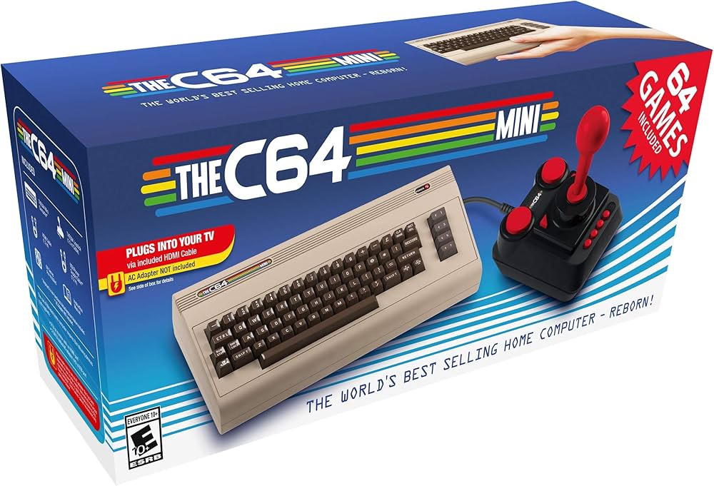 Caixa de papelão da versão mini do computador Commodore 64, com o teclado e o joystick vermelho do console ilustrados e o texto "64 games included