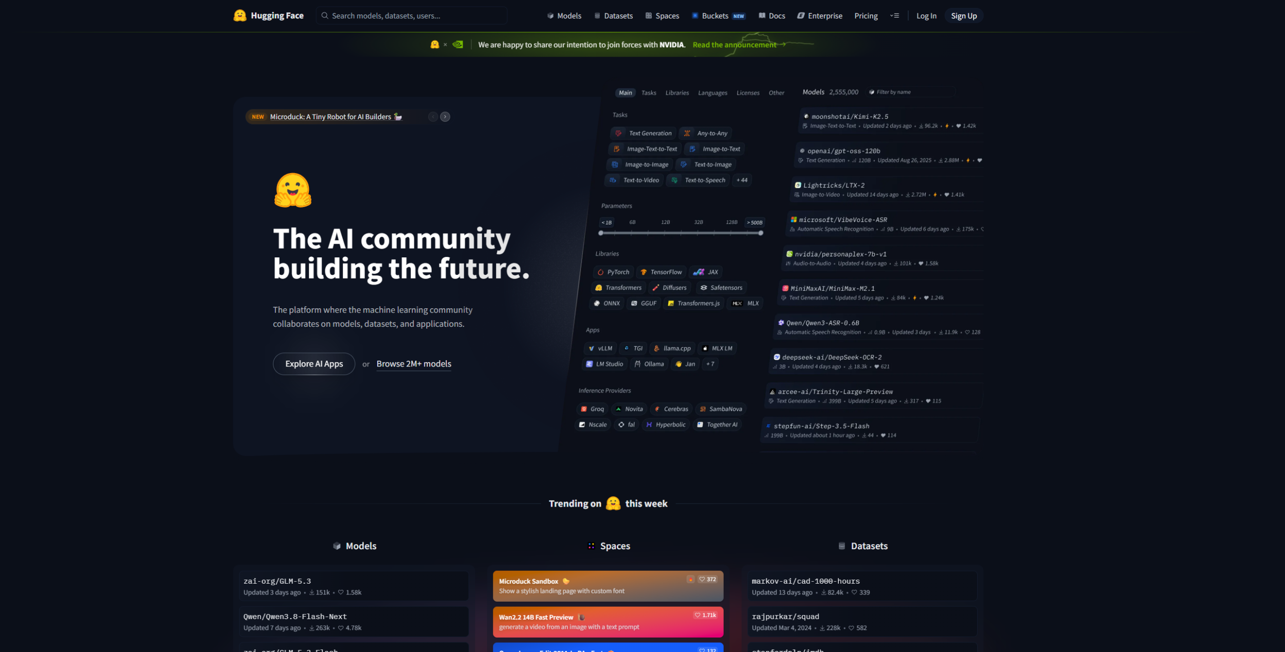 Captura de tela da página inicial do Hugging Face mostrando o slogan "The AI community building the future" com listas de modelos, datasets e espaços em alta n…