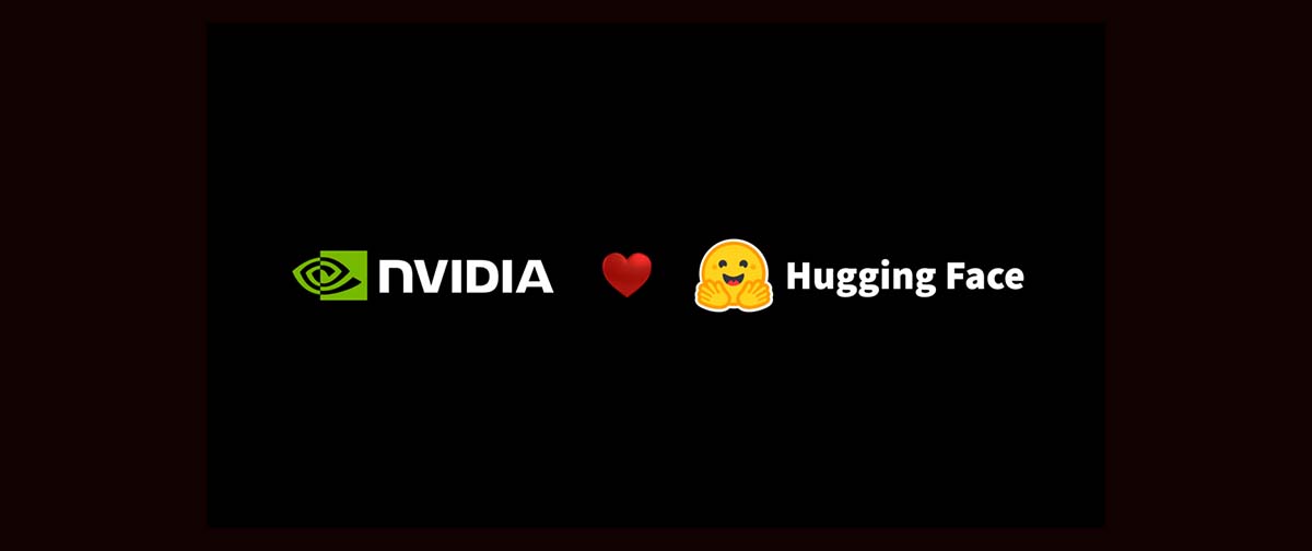 Logos da NVIDIA e da Hugging Face separados por um coração vermelho, sobre fundo preto