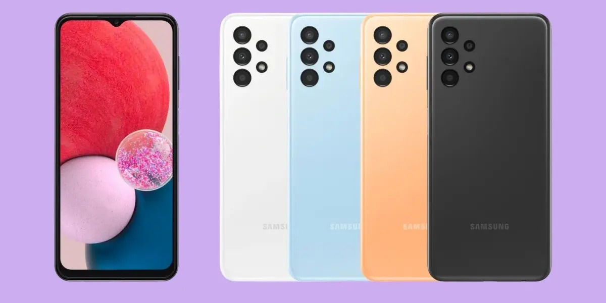 Smartphones Samsung Galaxy em cinco cores (branco, azul, laranja e preto) com a tela frontal exibindo um papel de parede vermelho e rosa sobre fundo roxo