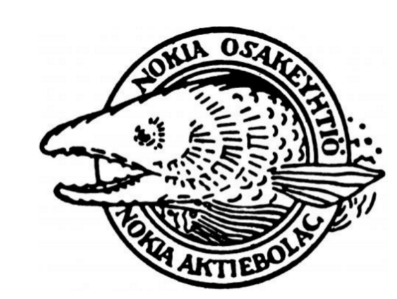Logotipo antigo da Nokia com um peixe (salmão) de perfil dentro de um círculo, com os textos "Nokia Osakeyhtiö" e "Nokia Aktiebolag