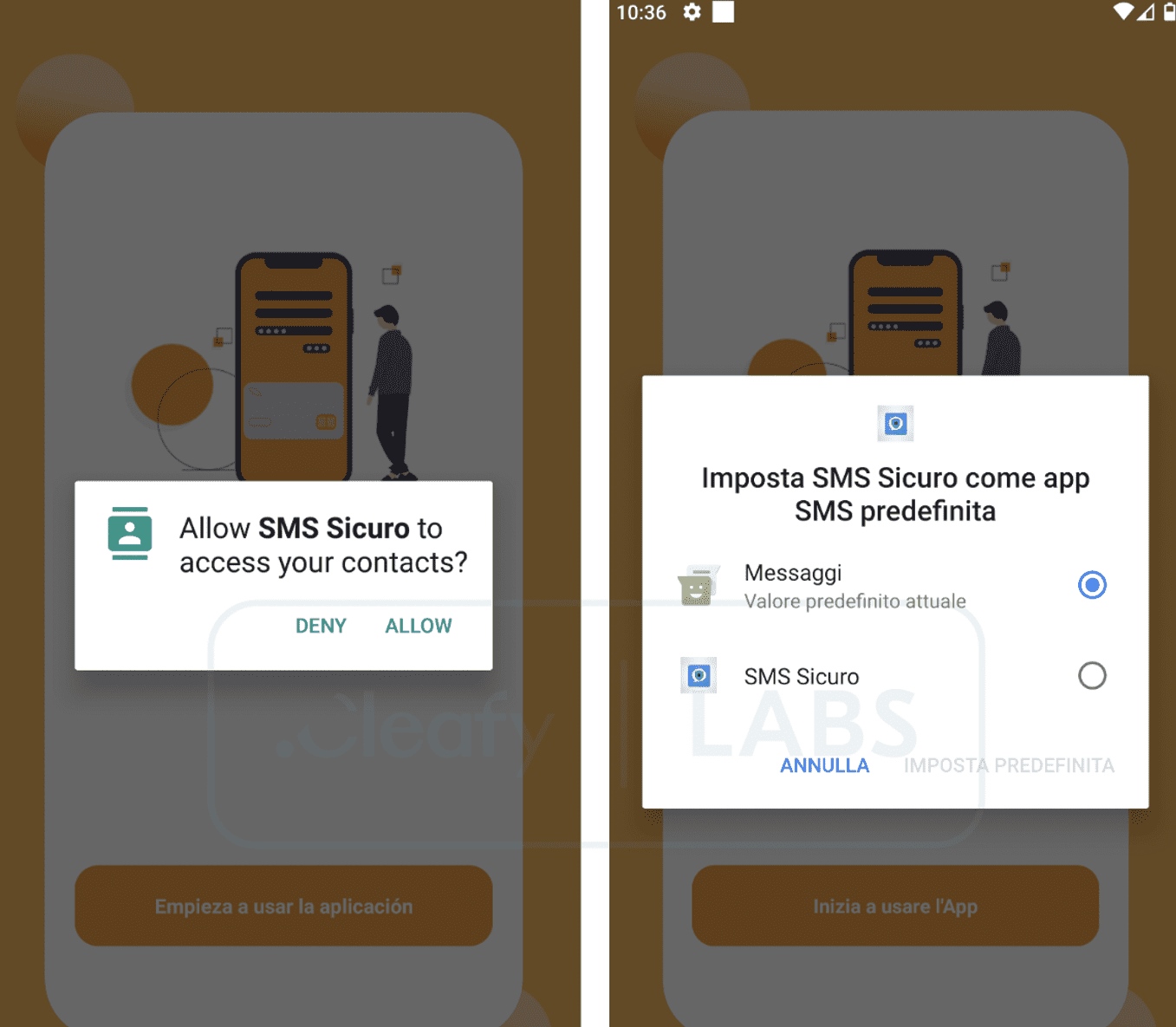Captura de dois telas de app Android mostrando pedido para acessar contatos e para definir "SMS Sicuro" como app SMS padrão, substituindo o app Mensagens